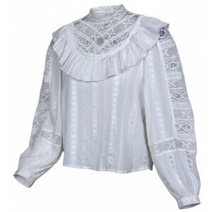 Anthropologie Ivory Lace Ruffled Bib Blouse Puff Sleeve Poetcore Romantic Top XS